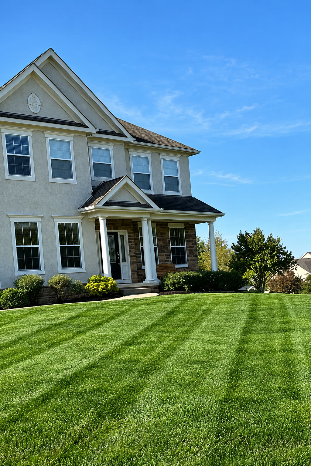 Front lawn with straight stripes at a two-story home