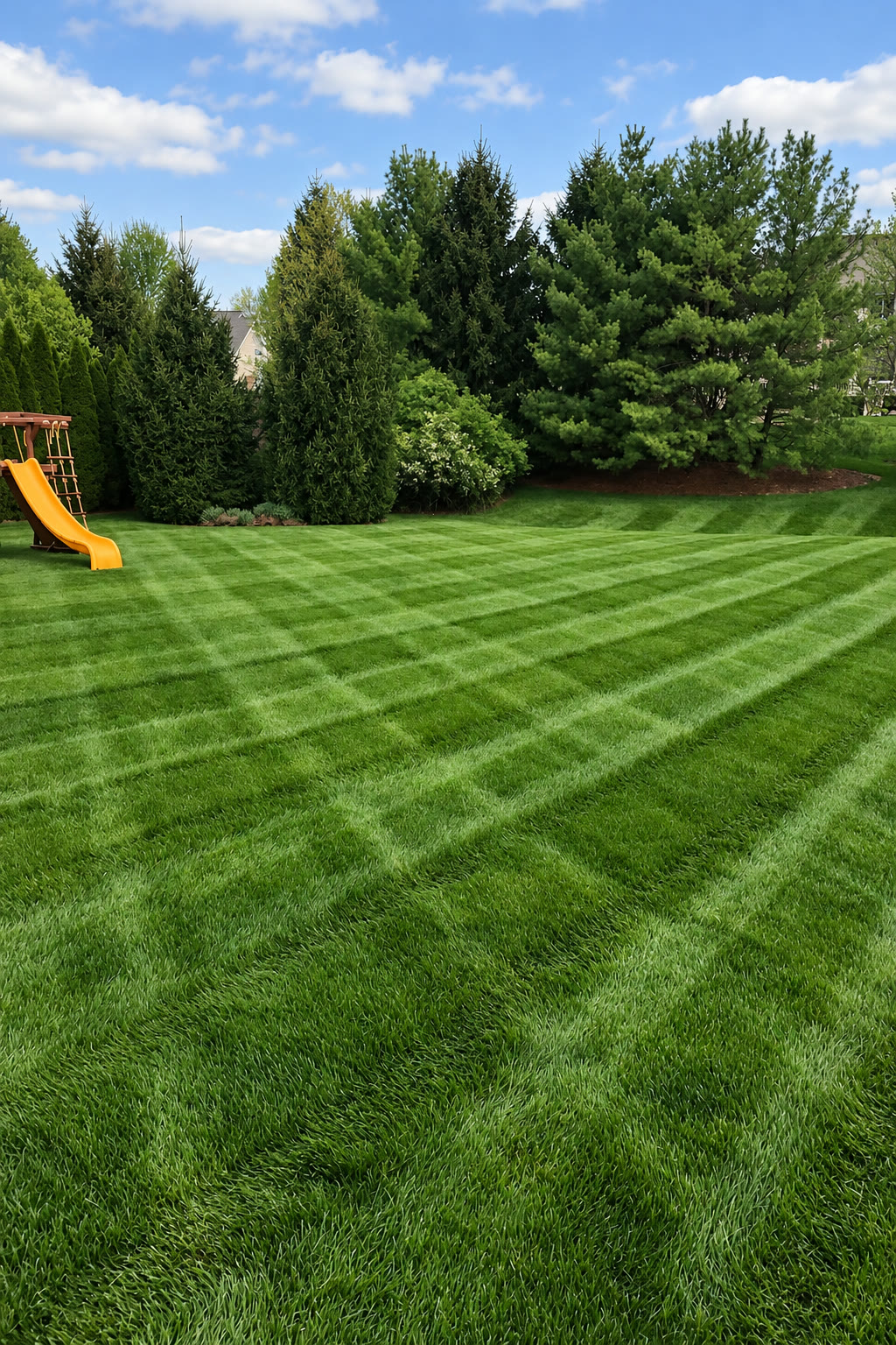 Backyard lawn with a cross-cut stripe pattern beside a playset