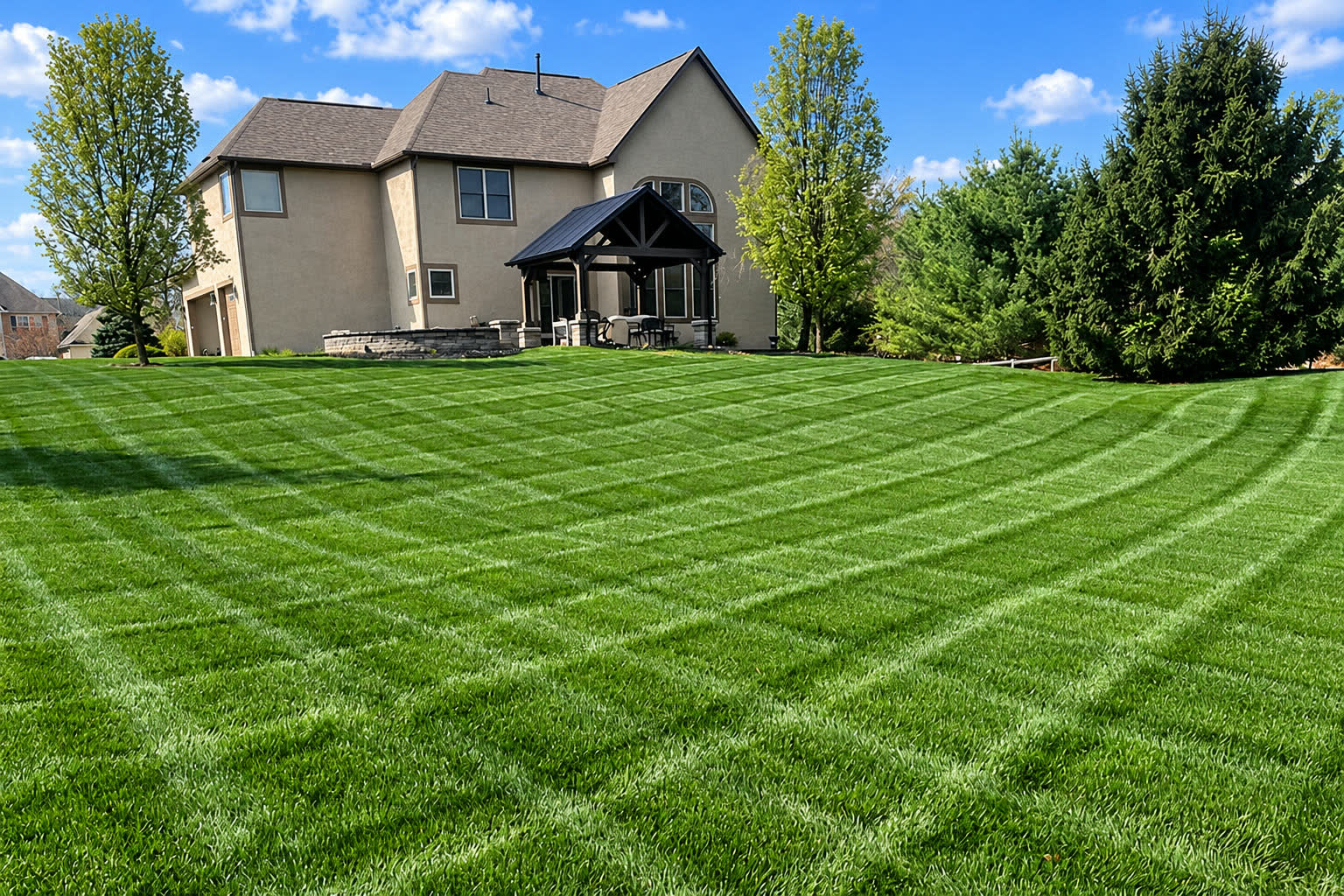Curved stripes across a large backyard lawn