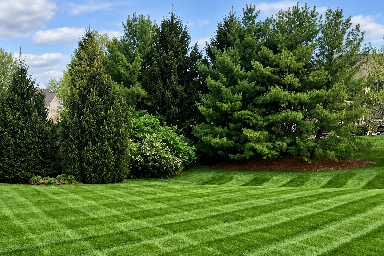 Lawn lined by evergreens with crisp stripes